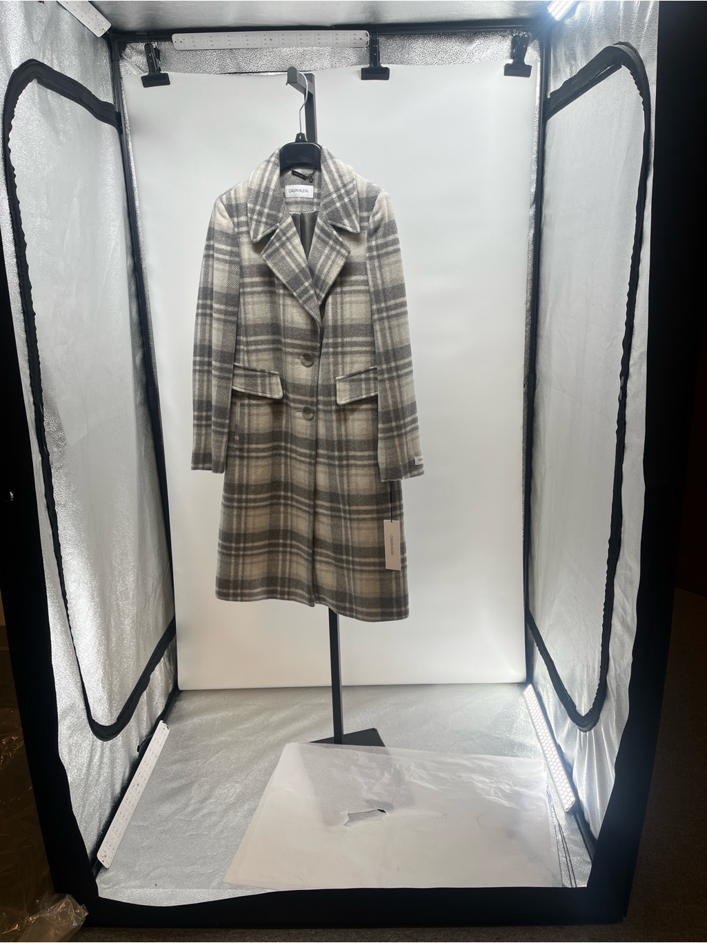 Calvin Klein Gray & Cream Plaid Wool-Blend Pea Coat